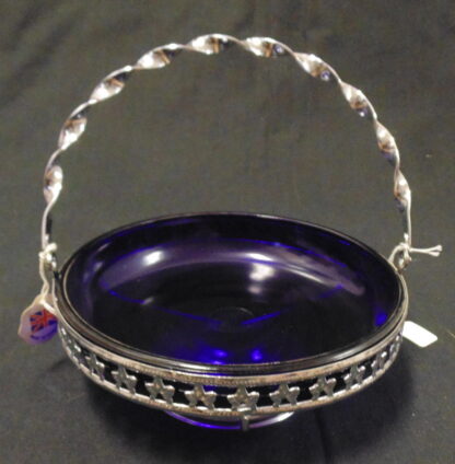 Cobalt Blue Glass Bowl in Metal Basket England - Image 2