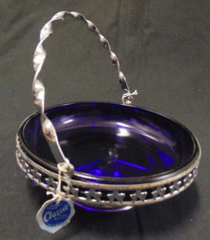 Cobalt Blue Glass Bowl in Metal Basket England