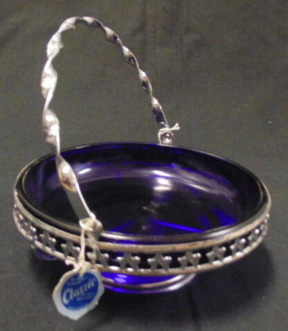 Cobalt Blue Glass Bowl in Metal Basket England - Image 5