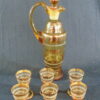 Gold Rimed, Amber, Liquor, Decanter, and 6 Glasses