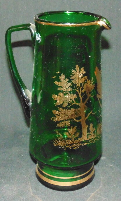 Green Glass Water Jug with 2 glasses Dear Gold Motif