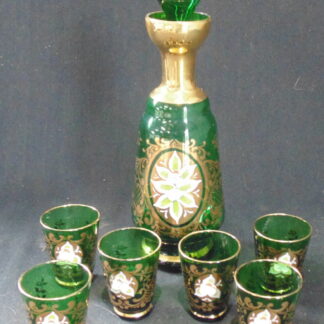 Green Glass with Gold trim and painted flowers decanter and 6 glasses