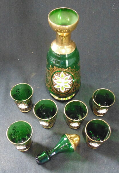 Green Glass with Gold trim and painted flowers decanter and 6 glasses
