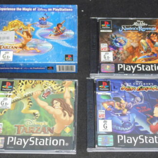 PS1 Game Aladdin Nasira’s Revenge, New Groove, Tarzan – Damaged Case