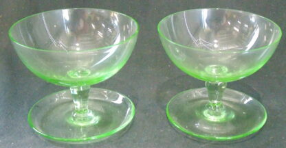 2 Green Glass Desert Bowls, small chip on one