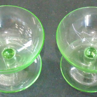 2 Green Glass Desert Bowls, small chip on one