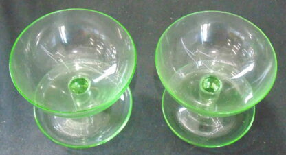 2 Green Glass Desert Bowls, small chip on one