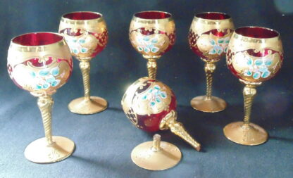 5 Ruby Glass Glasses with gold filigree and painted flowers