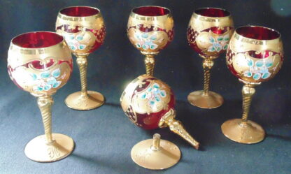 5 Ruby Glass Glasses with gold filigree and painted flowers