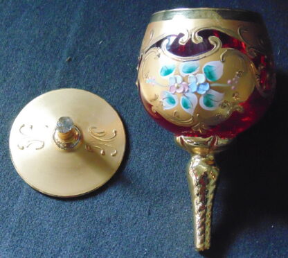 5 Ruby Glass Glasses with gold filigree and painted flowers