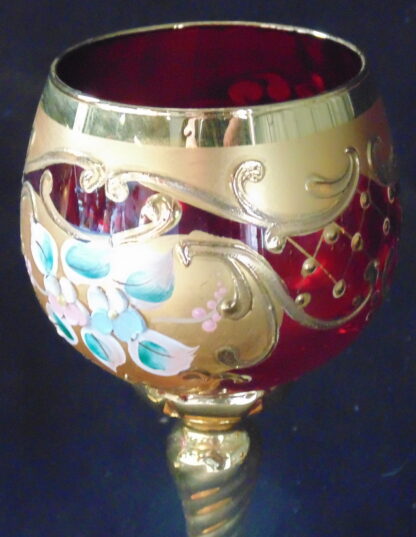 5 Ruby Glass Glasses with gold filigree and painted flowers