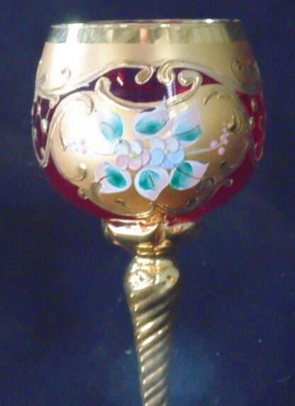 5 Ruby Glass Glasses with gold filigree and painted flowers