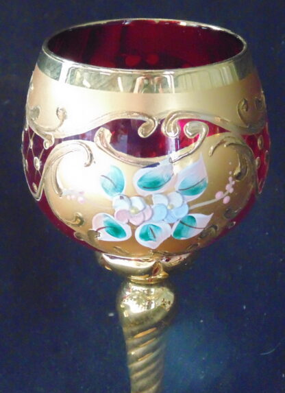 5 Ruby Glass Glasses with gold filigree and painted flowers