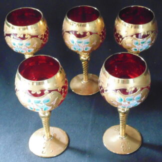 5 Ruby Glass Glasses with gold filigree and painted flowers