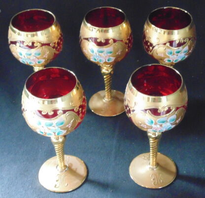 5 Ruby Glass Glasses with gold filigree and painted flowers