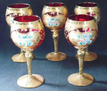 5 Ruby Glass Glasses with gold filigree and painted flowers