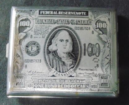 1970s Metal Cigarette case showing One Hundred Dollar US Bill Picture