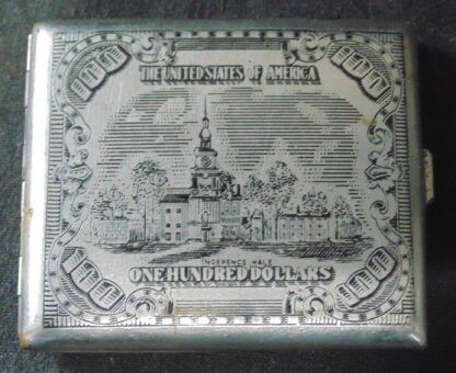 1970s Metal Cigarette case showing One Hundred Dollar US Bill Picture