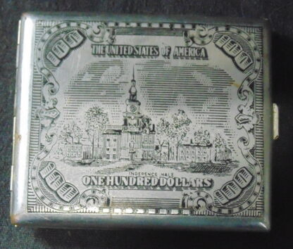 1970s Metal Cigarette case showing One Hundred Dollar US Bill Picture